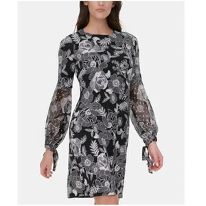 TOMMY HILFIGER Black Floral Long Sleeve Crew Neck Short Party A-Line Dress 4‎